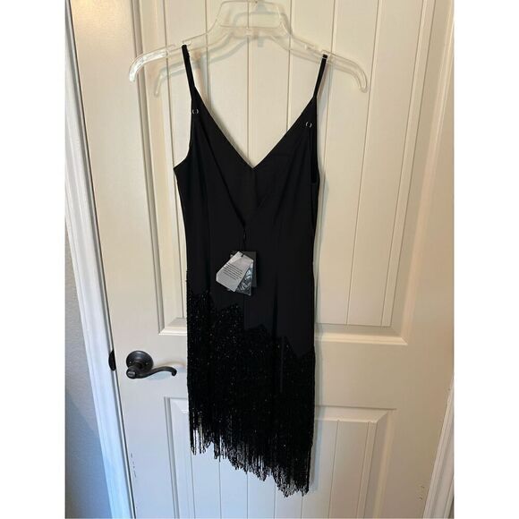 NWT NBD Revolve Annika Beaded Fringe Black Asymmetrical Mini Dress Size XXS - Picture 5 of 13